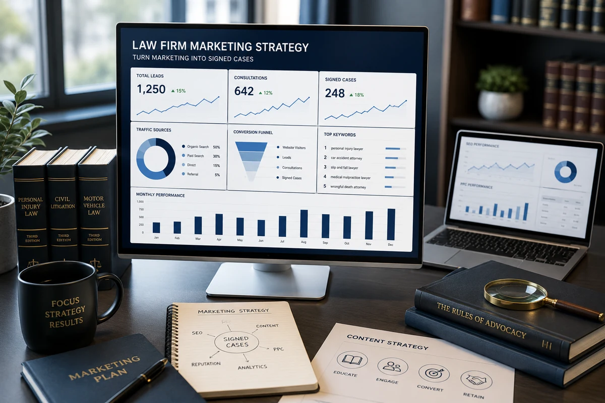 Law firm marketing strategy that converts — SEO, PPC, and content channels for attorneys